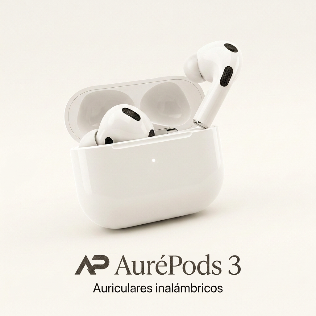 Ilustración de AP AuréPods 3 con estuche sobre fondo claro