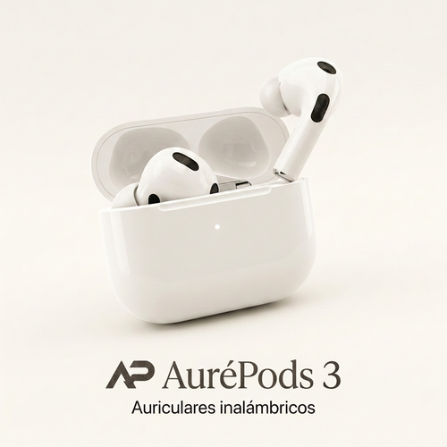 Ilustración de AP AuréPods 3 con estuche sobre fondo claro